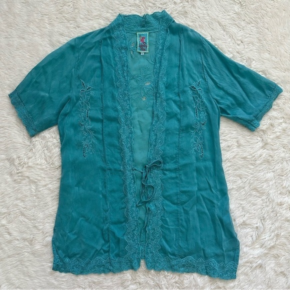 Johnny Was Top Kimono Short Sleeve Tie Front Embroidered Light Blue L - Picture 1 of 11